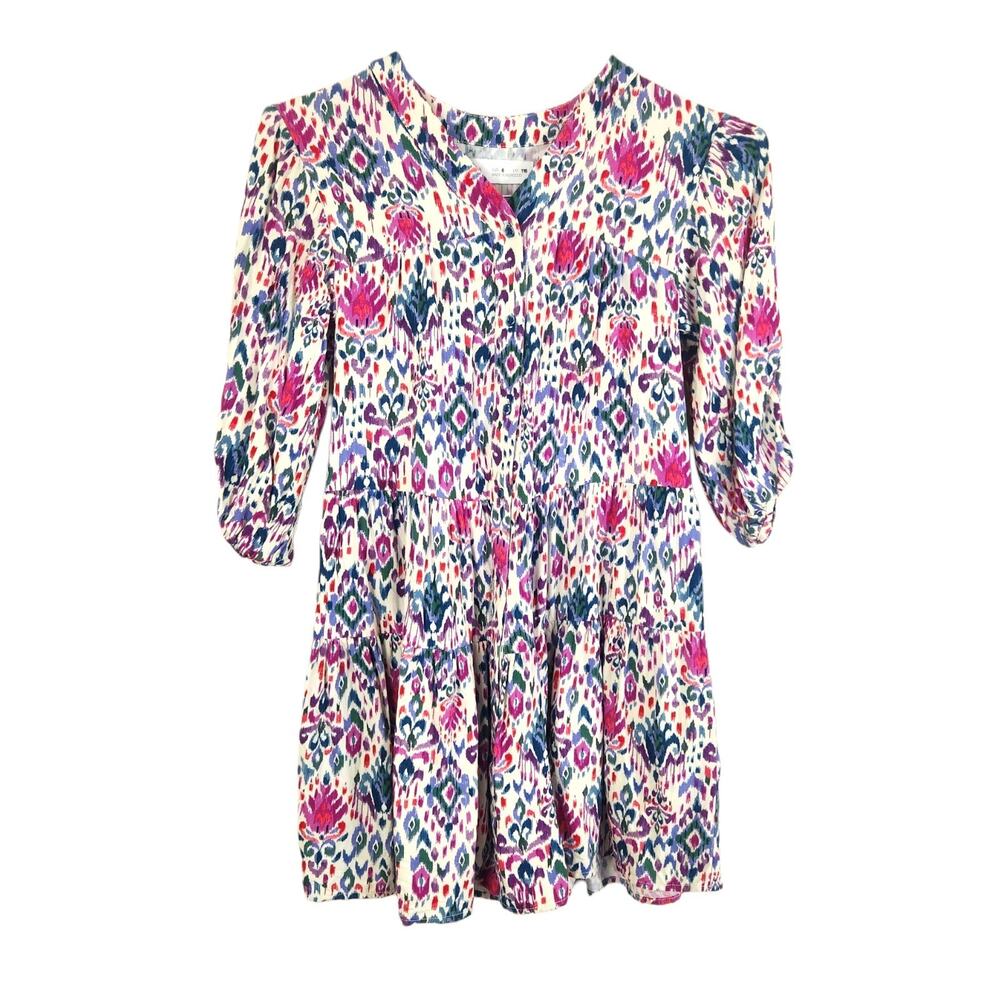Zara Girls Ikat Print Midi Dress Sz 6 Boho Button Front Viscose 3/4 Sleeves Pink